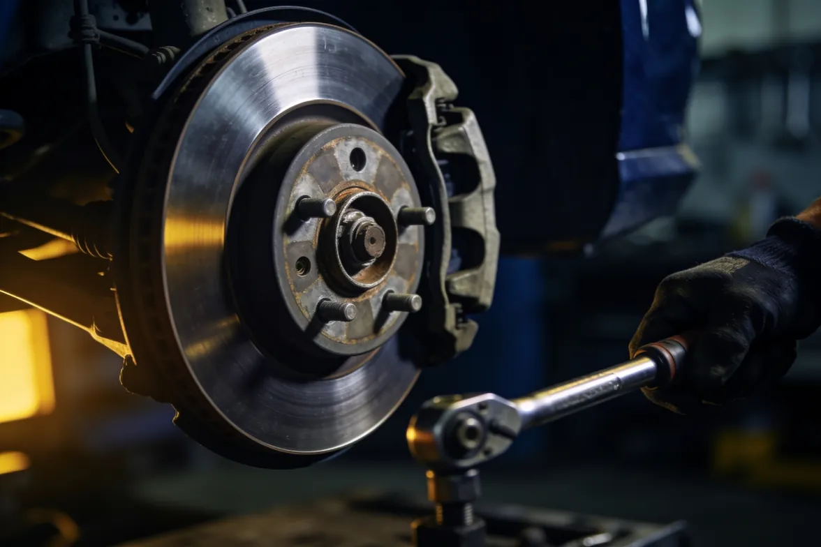 Brake disc and caliper being torqued during a brake job