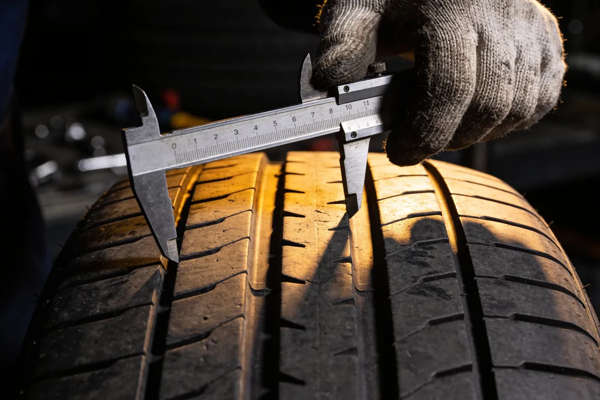 Tyre tread depth being measured with a gauge